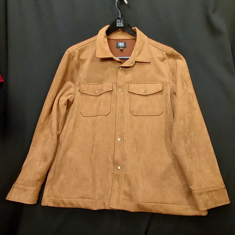 Frye Mens Faux Suede Shacket XL Tan Snap Front Western Yoke Shirt Jacket Stretch